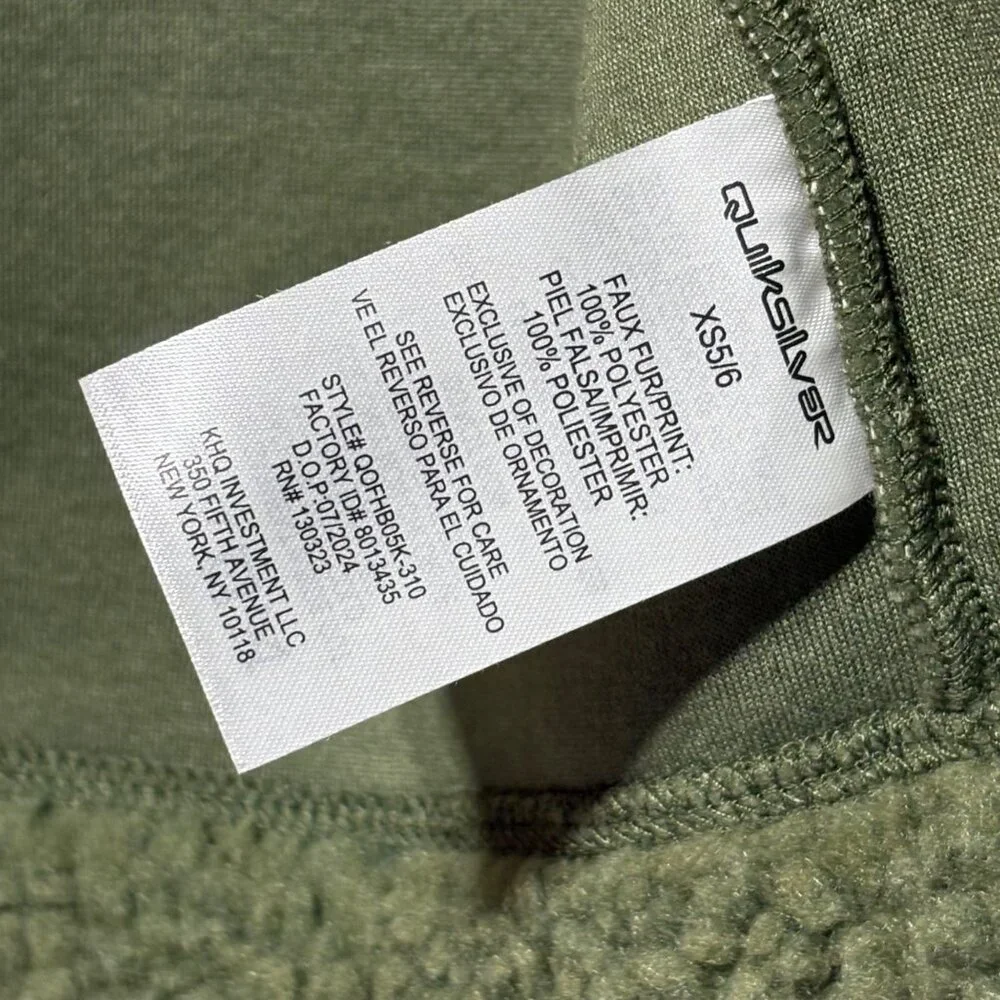 Quiksilver Jacket Youth Boy's XS 5/6 Hooded Sherpa Jacket Green Black